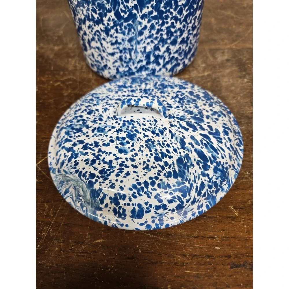 Vintage Blue White Splatter Enamelware Canister Set of 4 Lidded Nesting